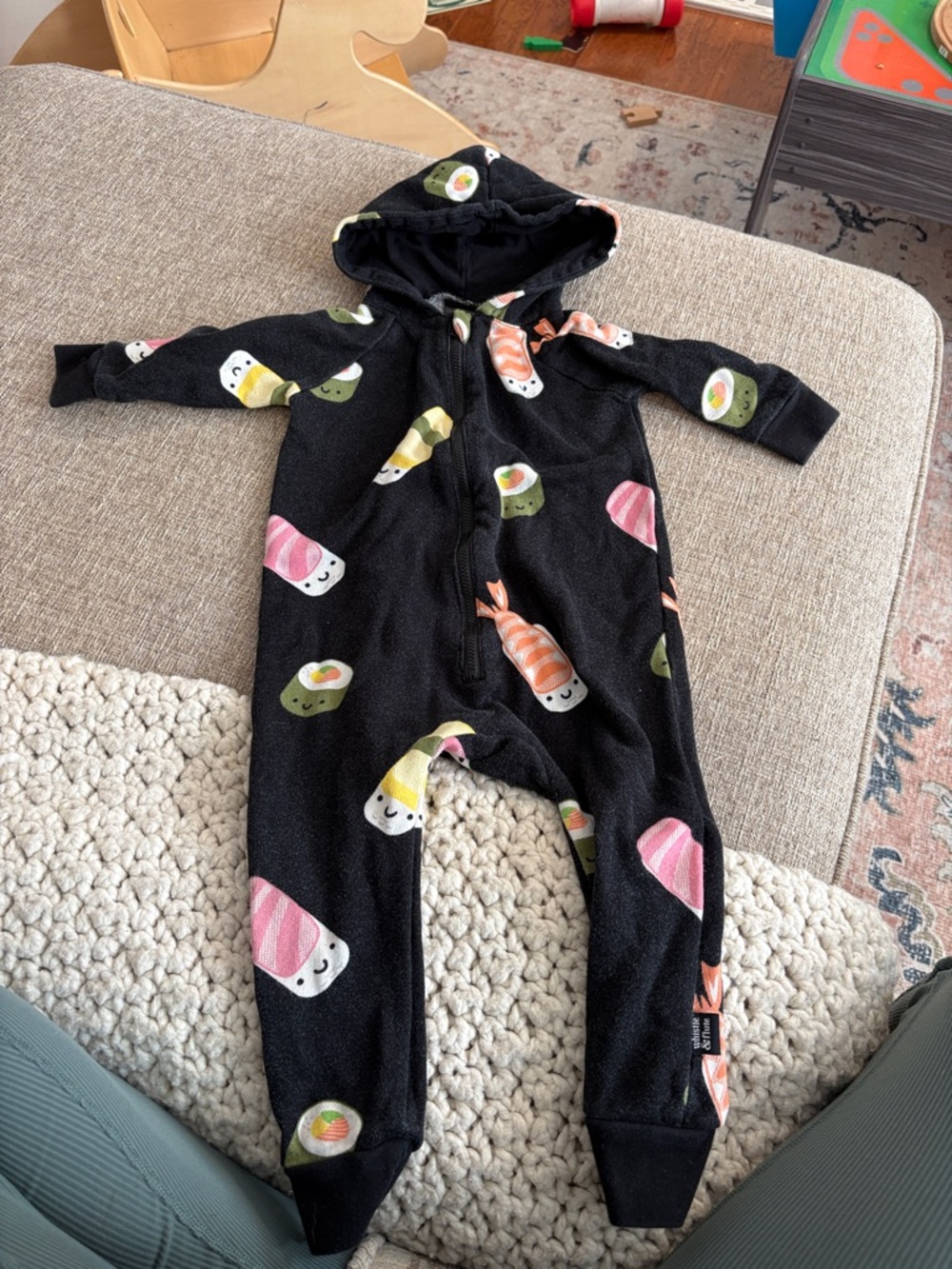 Black Sushi-Print Hooded Footie One-Piece for Kids
